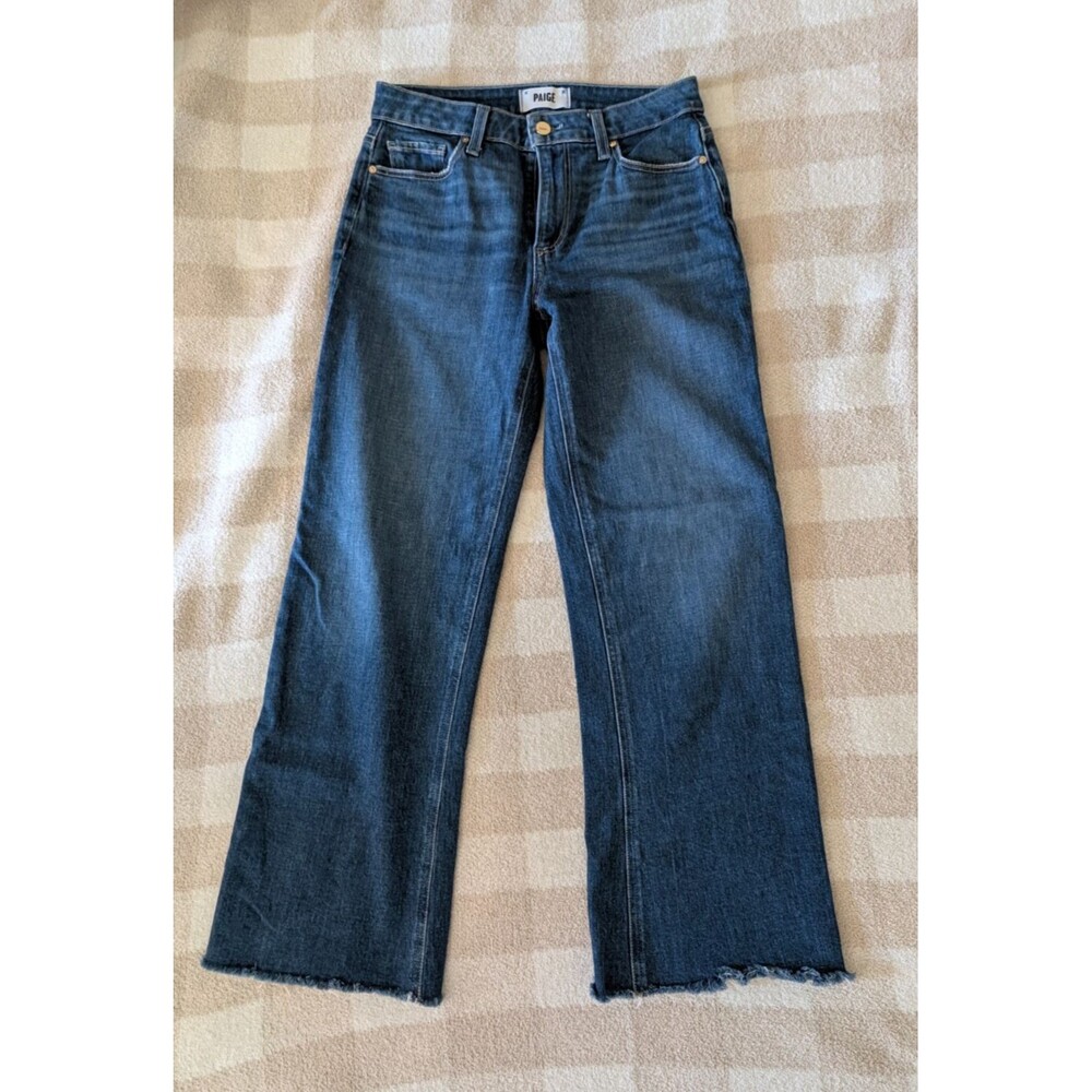 PAIGE Leenah Ankle High Rise Wide Leg Raw Hem Denim Jeans Size 26 Medium Wash